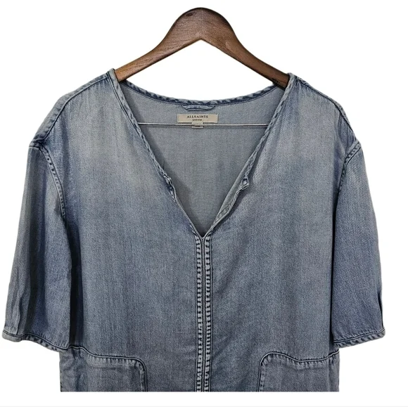 All Saints casual denim blue short sleeve v-neck shift dress size medium - Picture 3 of 12